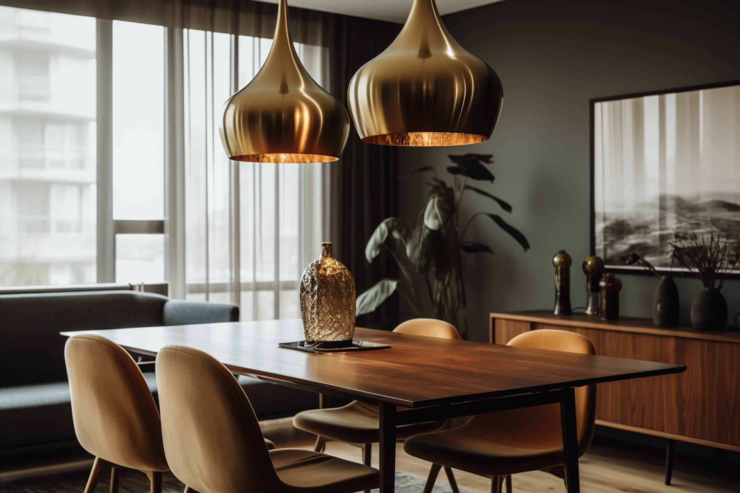 Interior design with mid-century modern style featuring a dining table and gold pendant lights. Generative AI