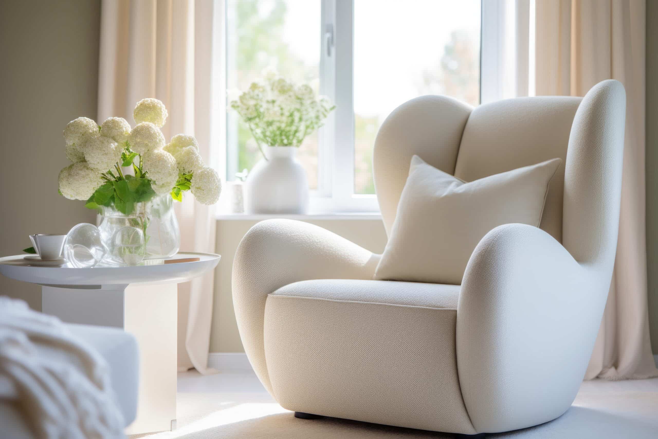 White boucle trendy arm-chair in the white interior scene, ai generative