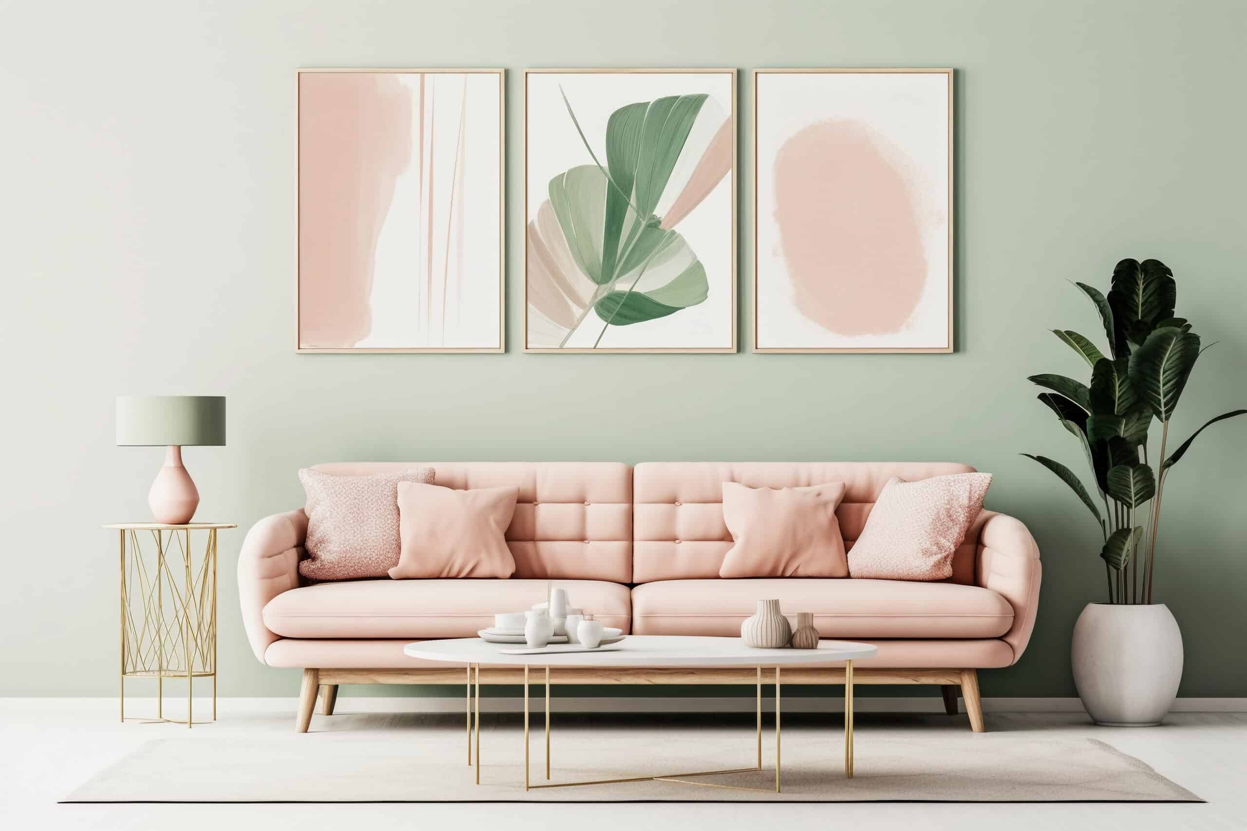 Modern interior with pink and green wall art set of 3 prints in textured abstract style. Cozy furniture. Pastel pink sofa and plants. Generative AI image